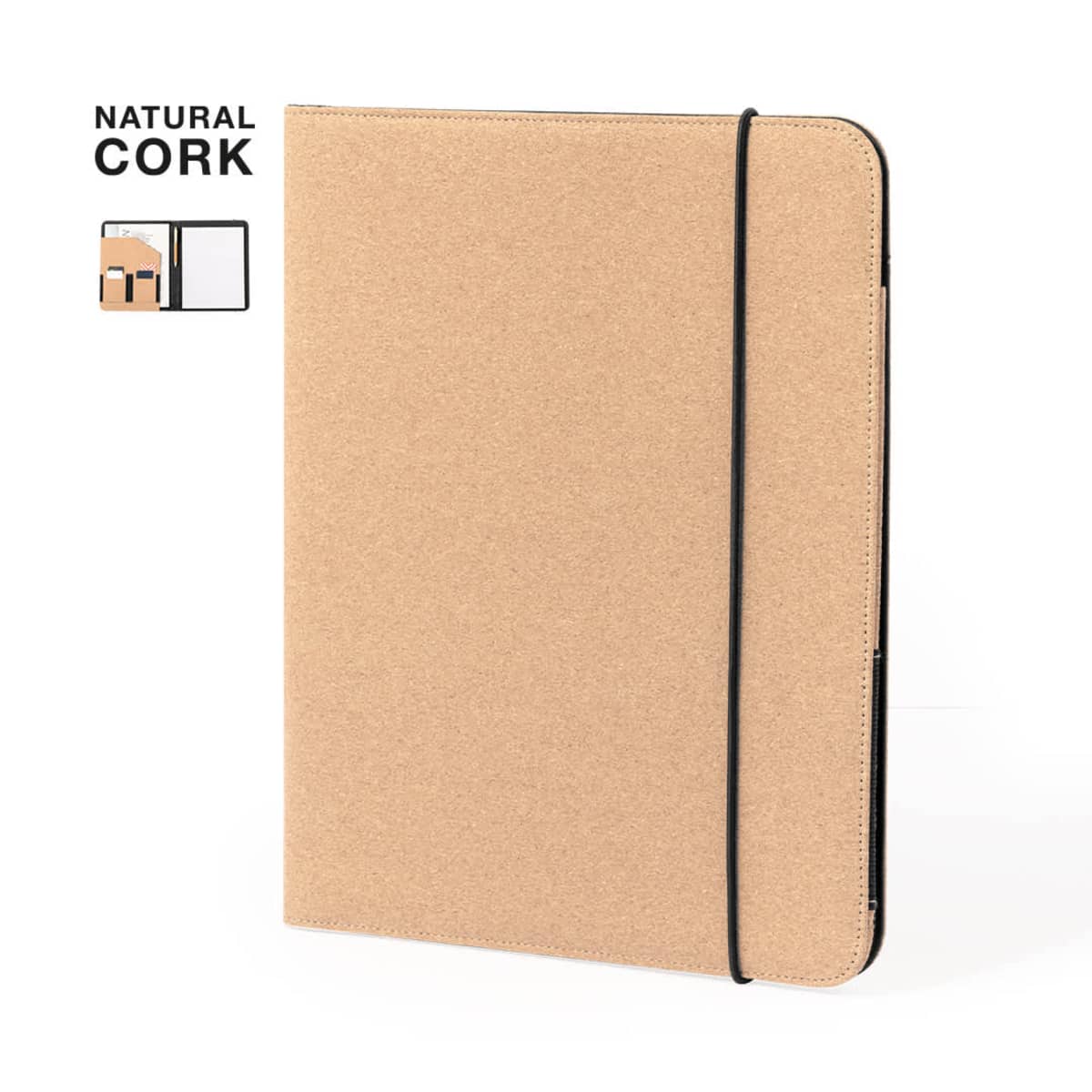 Light brown cork notebook with a black elastic band and Natural Cork text on the top left.