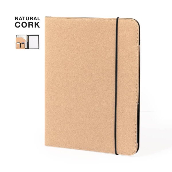 Tan cork notebook with black elastic band, shown closed with small open notebook icon.