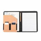 Open folder with notepad, pen, documents, and cards organized in pockets.
