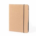 Tan-colored notebook with a black elastic band, standing upright on a white background.