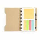 Open spiral notebook with sticky notes in various colors and a pen on the right side.