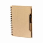 Brown spiral notebook with a pen attached on the right side, against a white background.