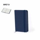 Navy blue hardcover notebook with elastic band and open view, featuring RPET recycled material symbol.