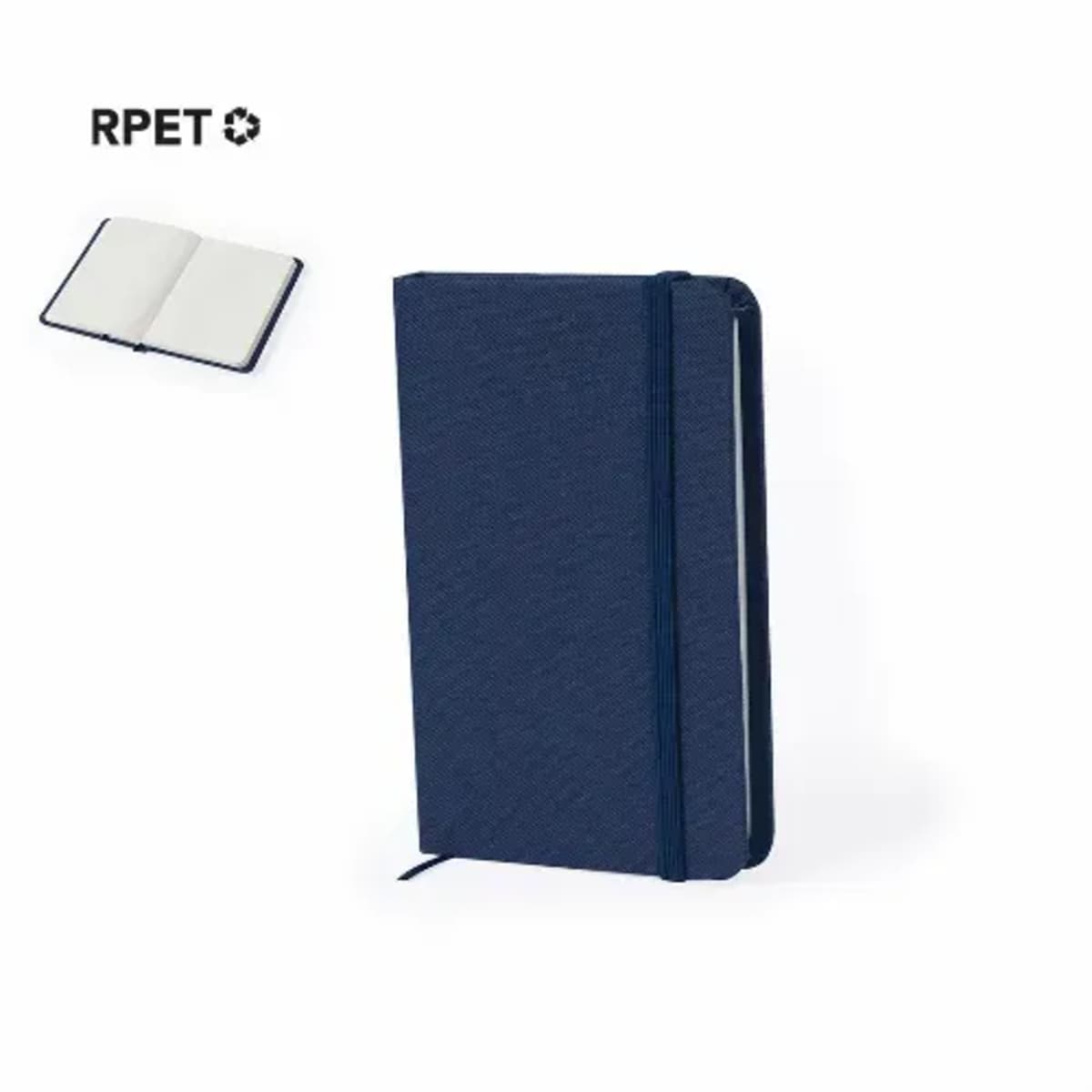 Navy blue hardcover notebook with elastic band and open view, featuring RPET recycled material symbol.