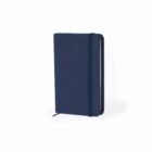 Navy blue hardcover notebook with elastic band, standing upright on a white background.