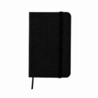 Black hardcover notebook with elastic band and ribbon bookmark, closed on a white background.