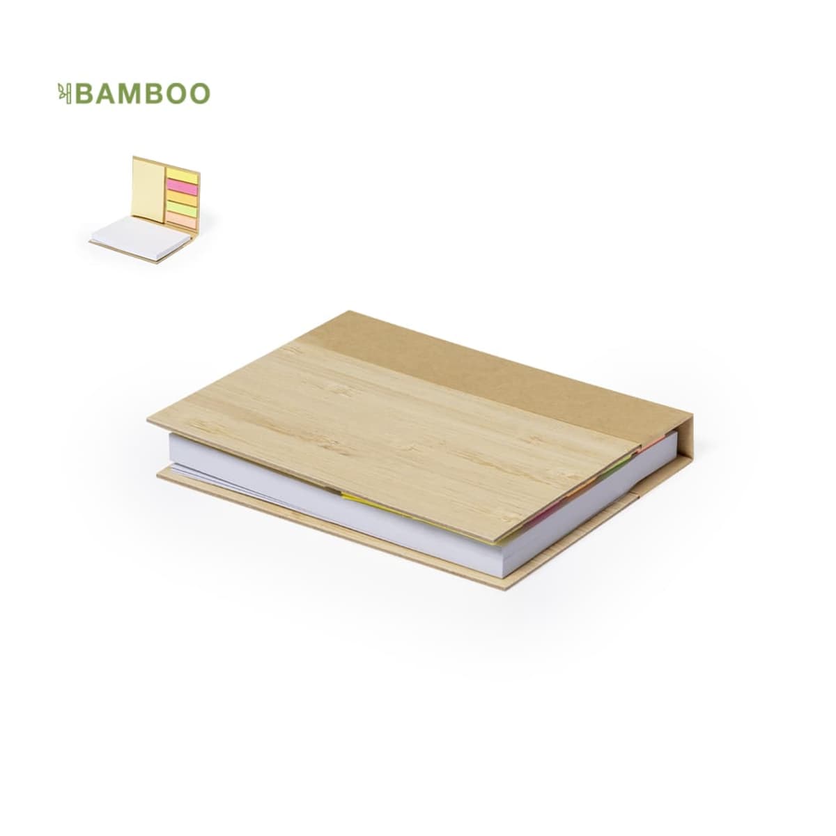 Bamboo cover notebook with sticky notes and page markers on a white background.