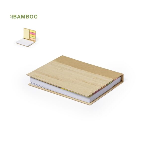 Bamboo cover notebook with sticky notes and notepad, shown closed and open.