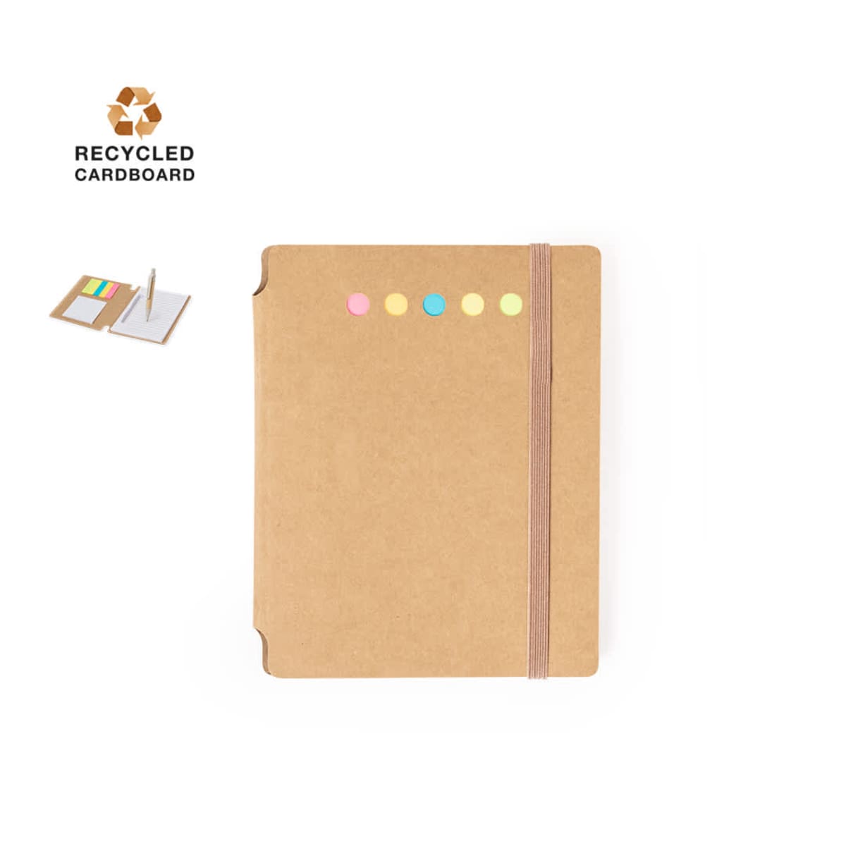 Brown recycled cardboard notebook with colored sticky notes and an elastic band closure.
