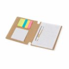 Open notebook with lined paper, pen, sticky notes, and page markers on a brown cover.