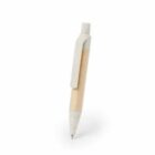 Beige and white retractable pen standing upright on a white background.