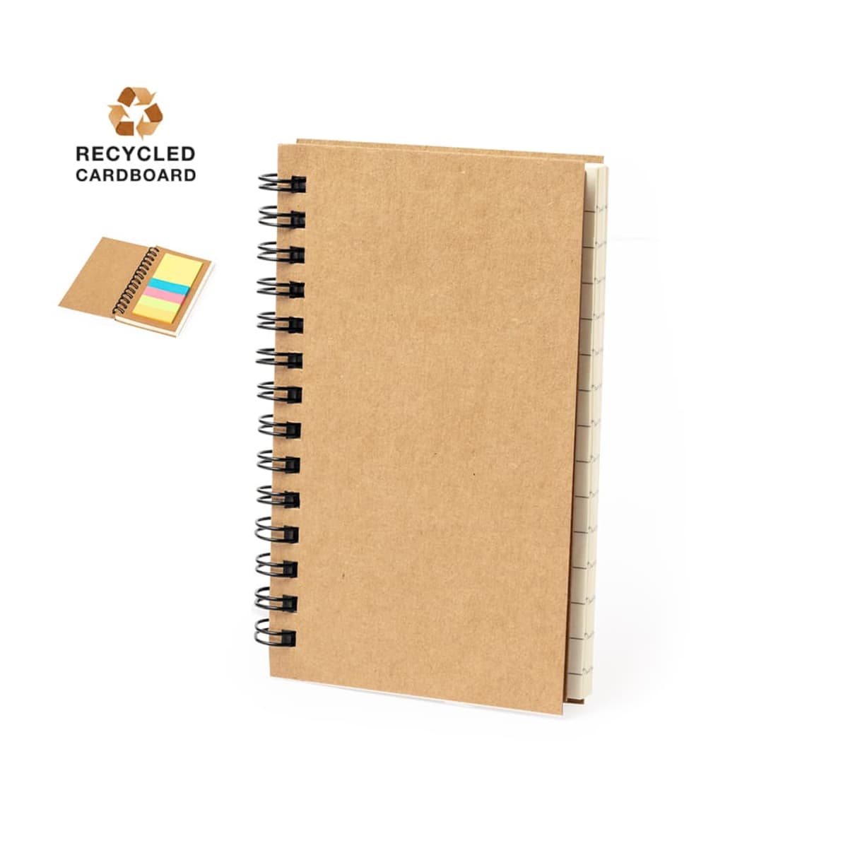 Brown spiral notebook made of recycled cardboard with sticky notes, opened slightly.