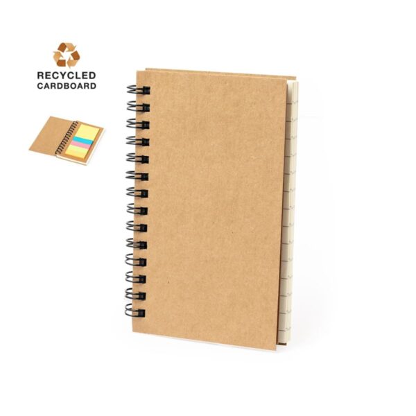 Spiral notebook with brown recycled cardboard cover and sticky notes inside, isolated on white.