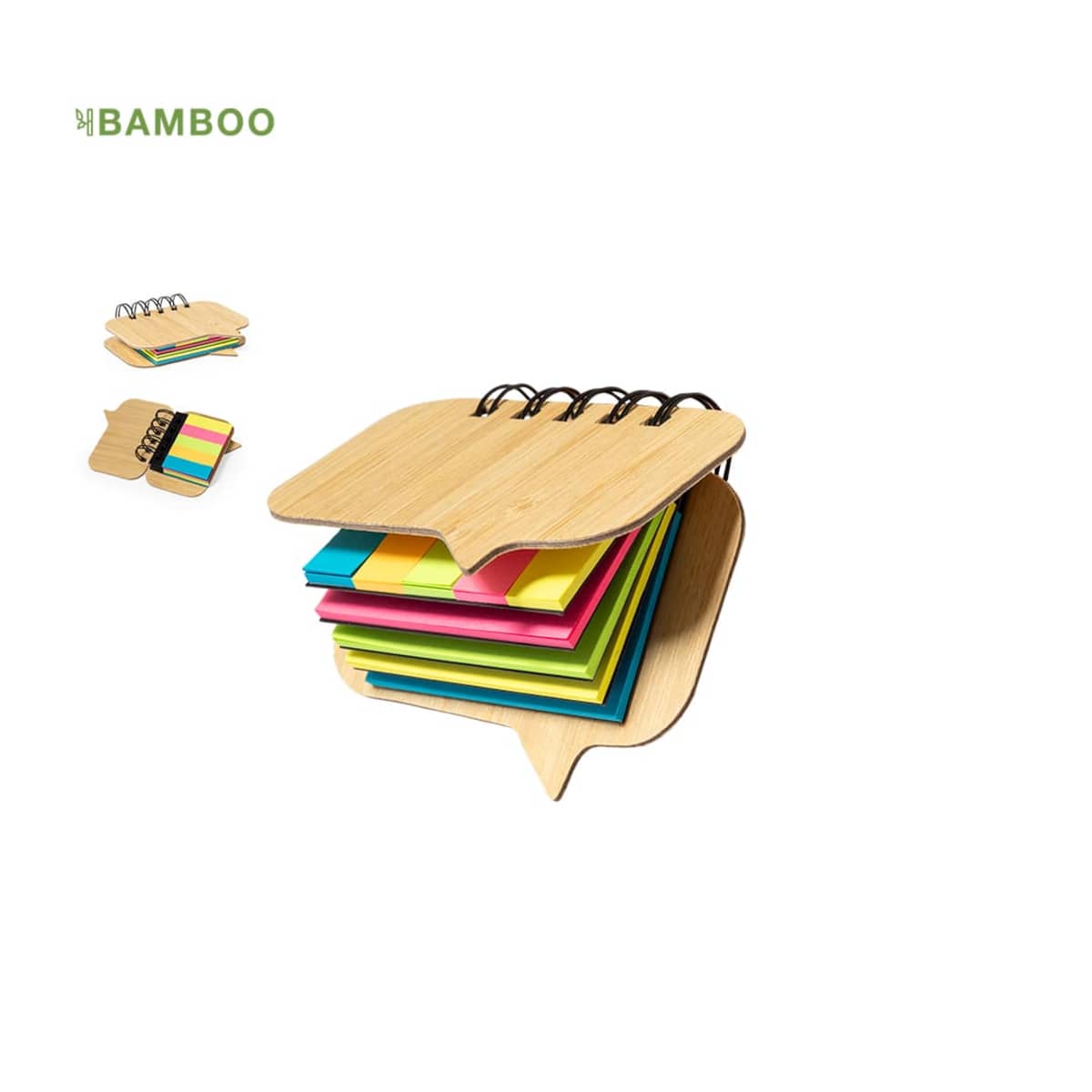 Bamboo speech bubble notepad with colorful sticky notes and black rings.