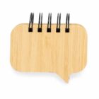 A wooden notepad shaped like a speech bubble with black spiral binding on top.