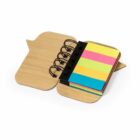 Spiral notebook with colorful sticky notes and a wooden speech-bubble shaped cover.