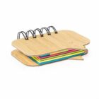 Spiral-bound wooden notebook with colorful sticky notes inside.