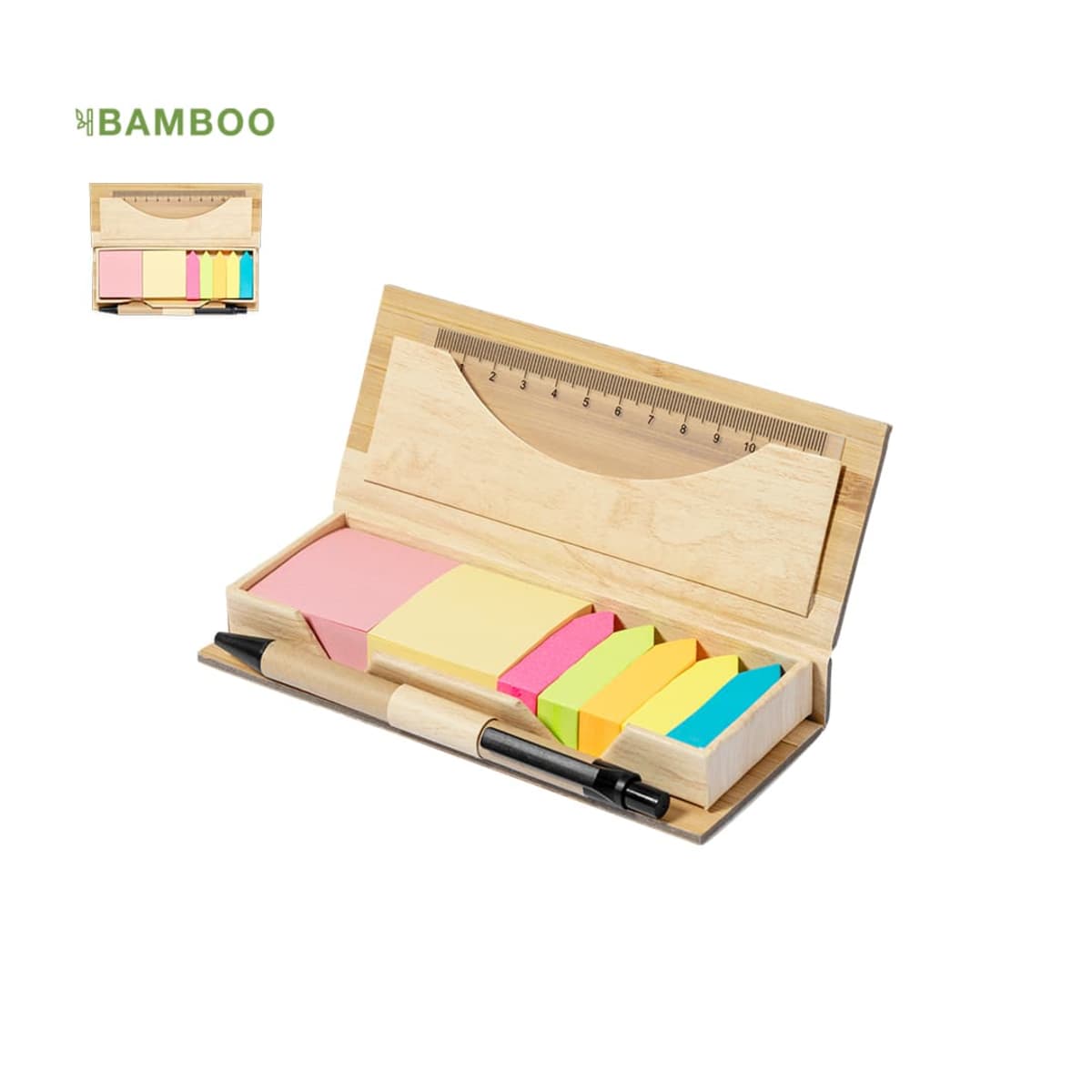 Open bamboo stationery box with sticky notes, a ruler, and a black pen inside.
