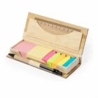 Wooden stationery set with sticky notes, pen, and a built-in ruler on the lid.