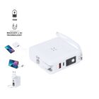 White portable power bank with ports, wireless charging, and MagSafe & Qi compatibility icons.