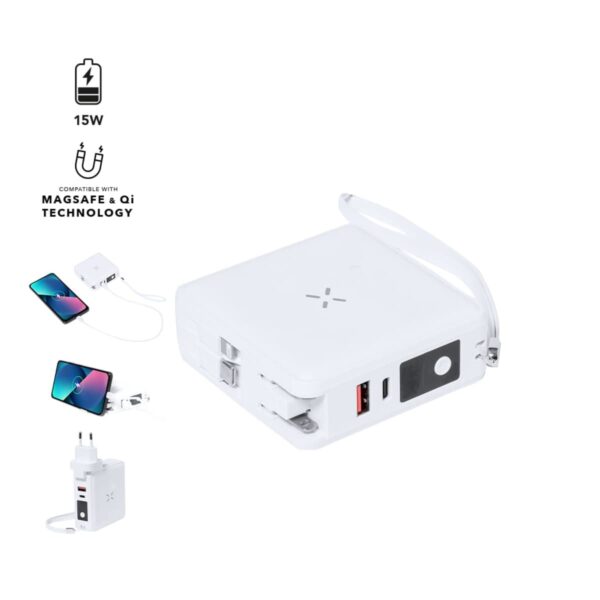 White portable charger with USB ports, MagSafe and Qi compatibility, and 15W charging icon.