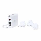 White portable charger with two plug adapters on a white background.