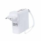 White universal travel adapter with two round prongs and a carrying strap, on a white background.