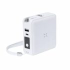 White portable power bank with USB ports and a wrist strap, shown on a plain background.