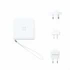 White portable charger with wrist strap and three interchangeable plug adapters.
