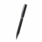 Black ballpoint pen with a silver clip and tip, positioned diagonally on a white background.