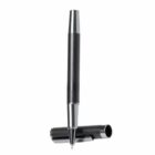 Black and silver pen standing upright with its cap lying horizontally beneath it.
