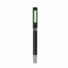 Black pen with a silver tip and a green label on the cap, standing vertically on a white background.