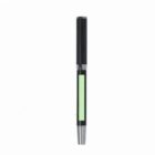 Black pen with a silver tip and a light green label on a white background.