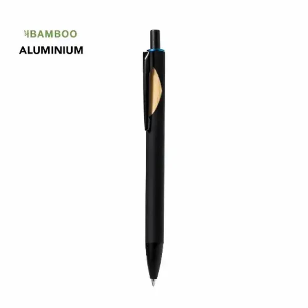 Black pen with bamboo and aluminum design, shown on a white background.