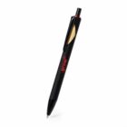 Black retractable ballpoint pen with a red logo and a clip, isolated on a white background.