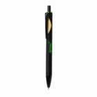 Black retractable pen with a green grow logo and a wooden accent on the clip.
