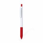 A white and red retractable ballpoint pen with a clip.