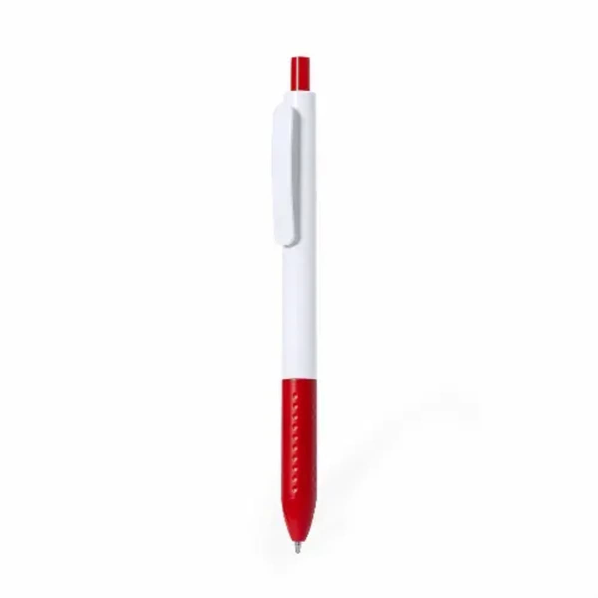 A white and red retractable ballpoint pen with a clip.