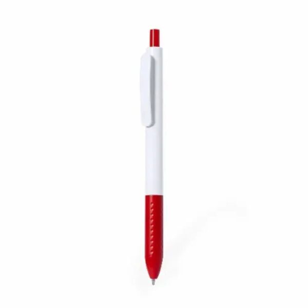 White and red retractable pen with a pocket clip on a plain white background.