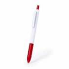 Red and white retractable ballpoint pen standing upright on a white background.