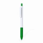 A white and green retractable ballpoint pen on a plain white background.