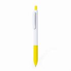 White and yellow retractable pen with a clip, isolated on a white background.