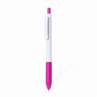 A white and pink retractable pen with a clip, standing upright on a white background.