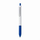 A blue and white retractable ballpoint pen on a white background.