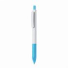 A white and blue retractable ballpoint pen on a plain white background.