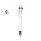 White multi-color ballpoint pen with several ink color options and a clear top.