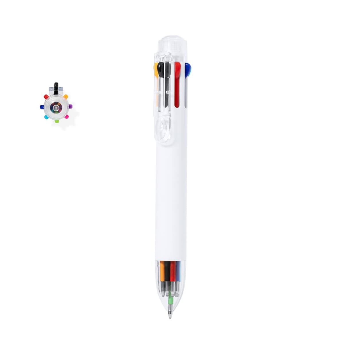 White multi-color ballpoint pen with several ink color options and a clear top.