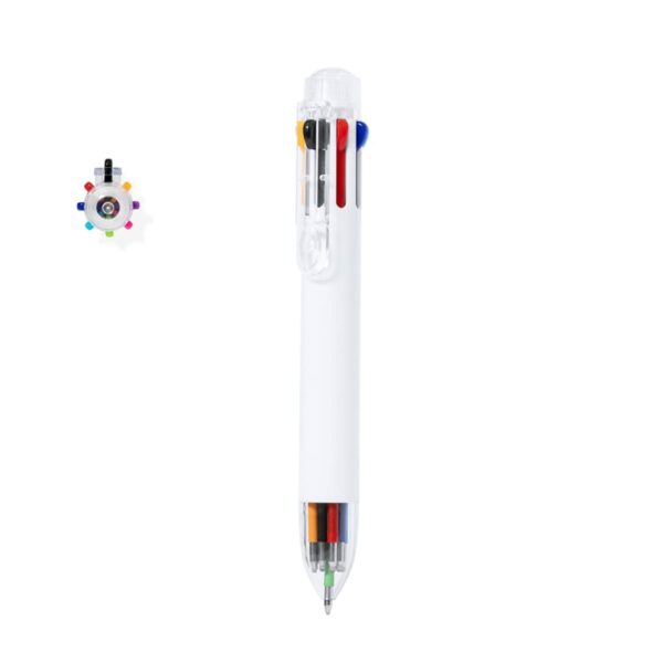 White multi-color ballpoint pen with several ink colors visible inside.