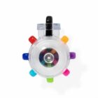 A multi-color pen with eight different ink colors arranged in a clear circular case.