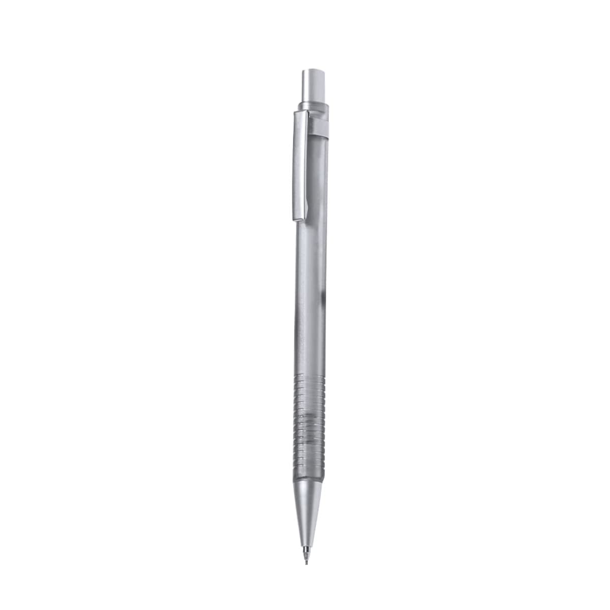 A silver mechanical pencil with a clip, isolated on a white background.